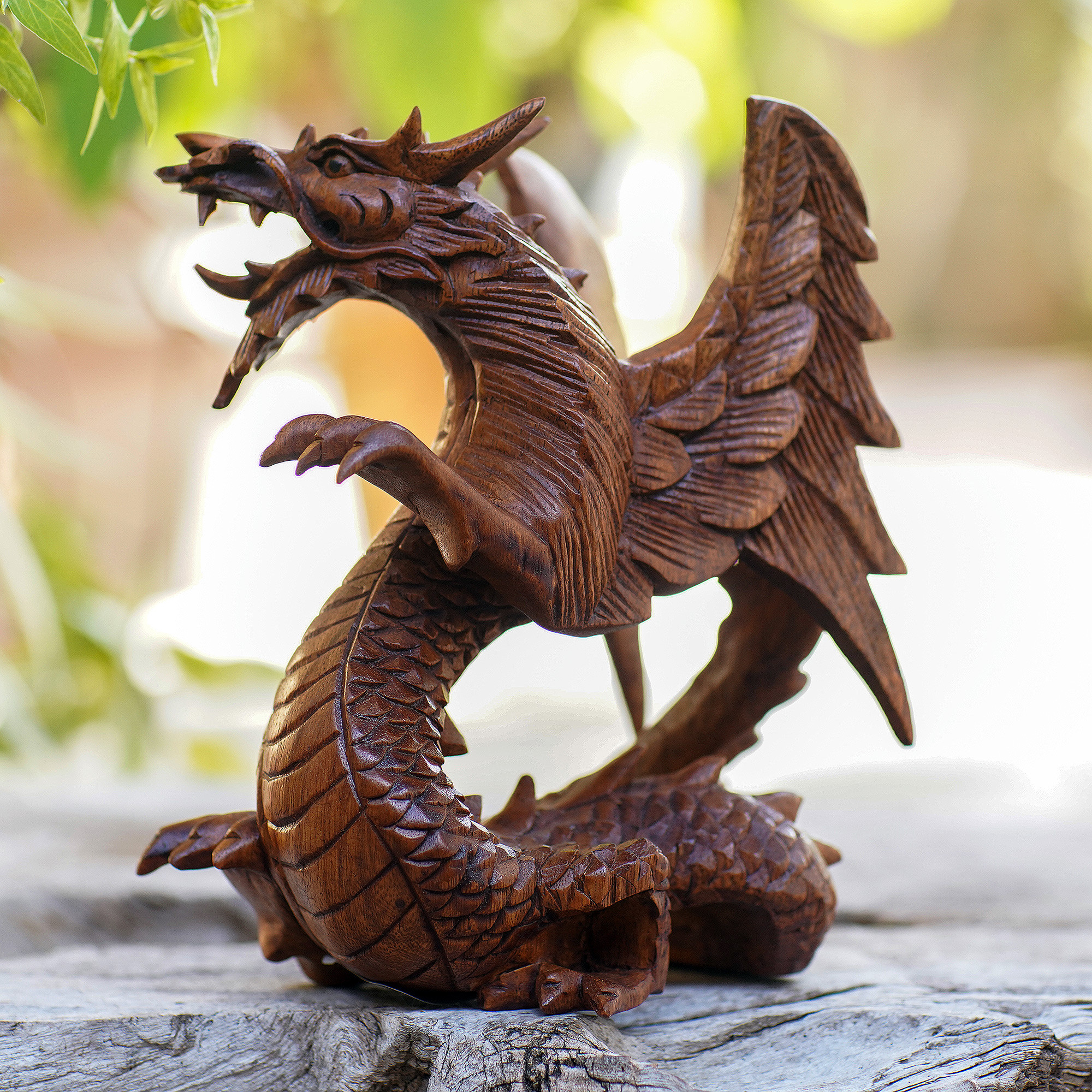 Hand Carved Wood Dragon Sculpture - Winged Dragon | NOVICA