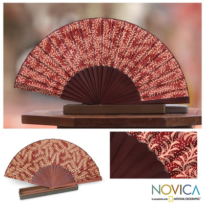 Silk batik fan, 'Burgundy Fern' - Handcrafted Batik Wood Silk Patterned Fan