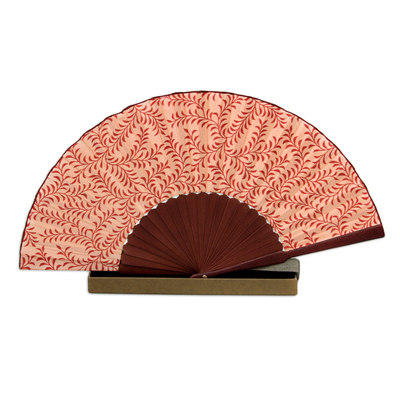 Silk batik fan, 'Red Fern' - Indonesian Silk Patterned Fan