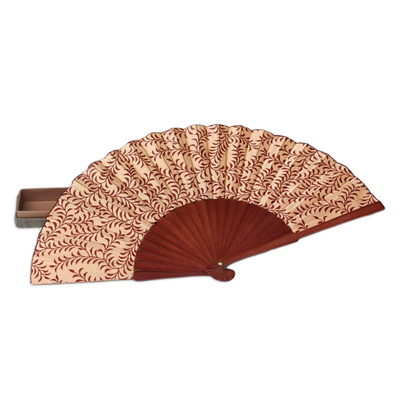 Silk batik fan, 'Red Fern' - Indonesian Silk Patterned Fan