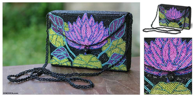 Beaded handbag, 'Lilac Lotus' - Beaded Floral Evening Bag from Indonesia