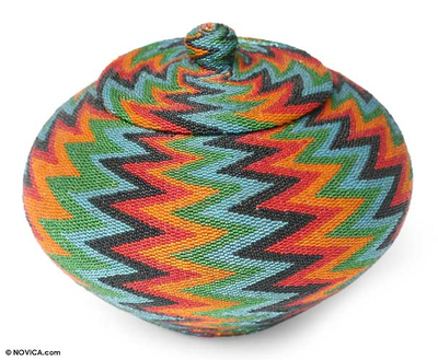Beaded rattan basket, 'Forest Lightning' - Geometric Pattern Natural Fiber Basket