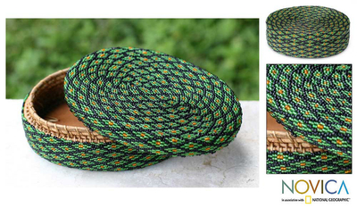 Beaded rattan basket, 'Emerald Forest' - Hand Beaded Green Basket with Lid
