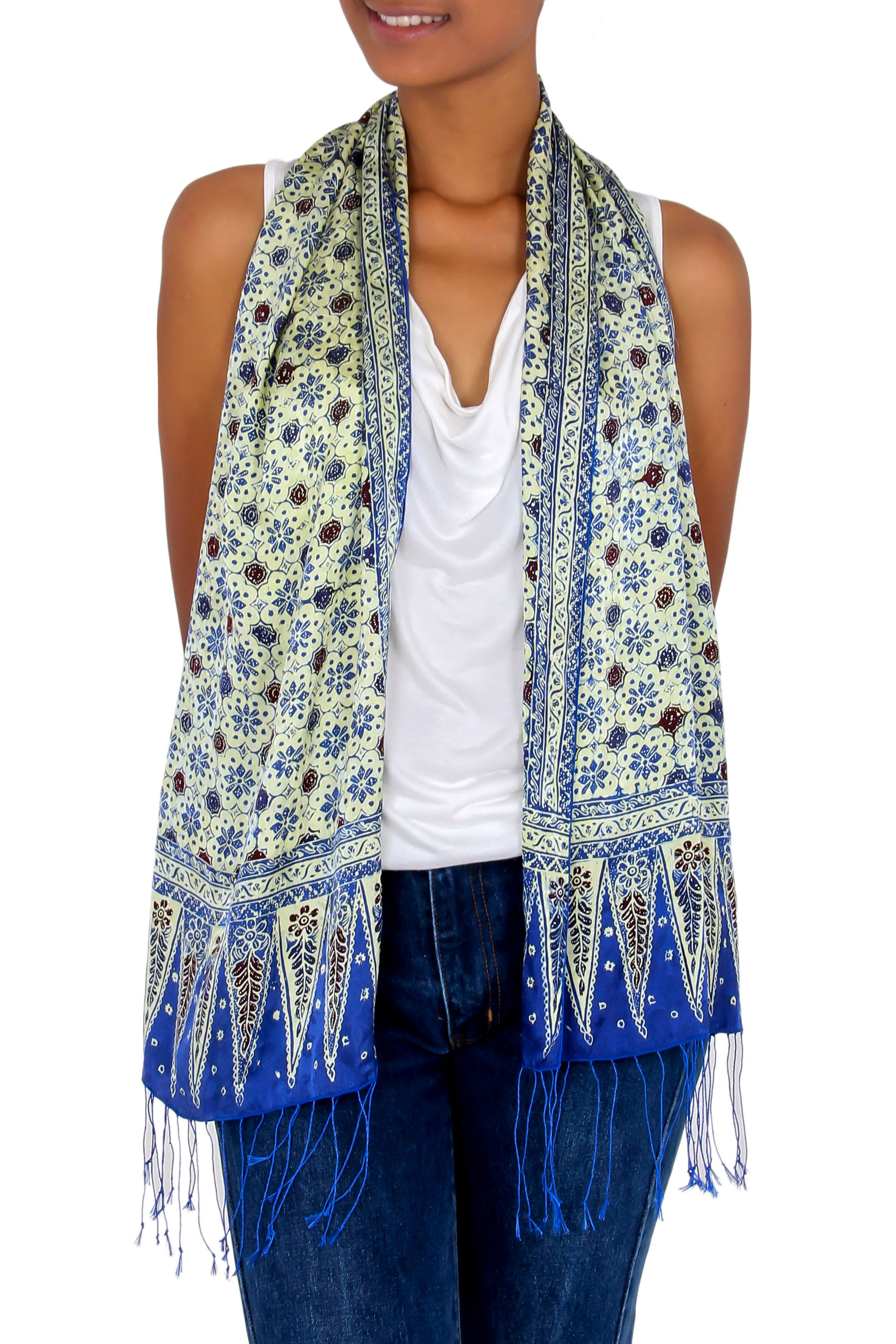 Batik Silk Scarf from Indonesia - Blue Jasmine | NOVICA