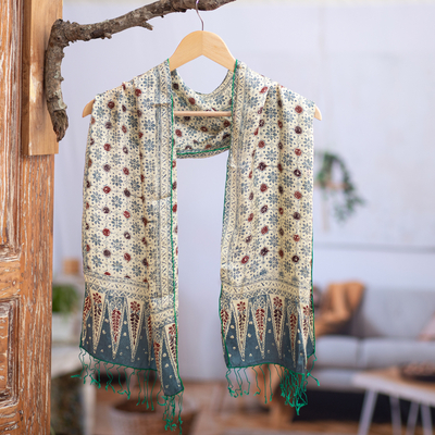 Silk batik scarf, 'Jade Jasmine' - Green Batik Silk Scarf