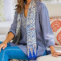 Silk batik scarf, 'Royal Java Blue' - Indonesian Handmade Silk Scarf