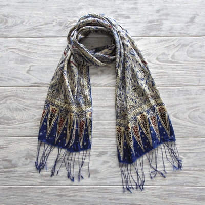 Silk batik scarf, 'Royal Java Blue' - Handmade Silk Batik Scarf from Indonesia