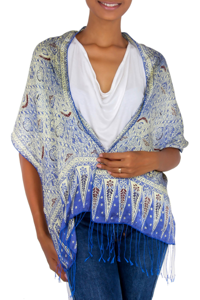 Silk batik scarf, 'Royal Java Blue' - Handmade Silk Batik Scarf from Indonesia