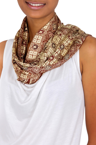 Silk batik scarf, 'Javanese Flower' - Floral Silk Batik Patterned Scarf