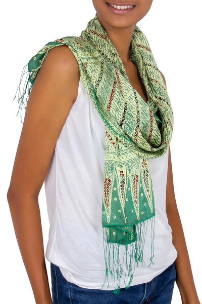 Silk batik scarf, 'Jade Princess' - Batik Silk Patterned Scarf