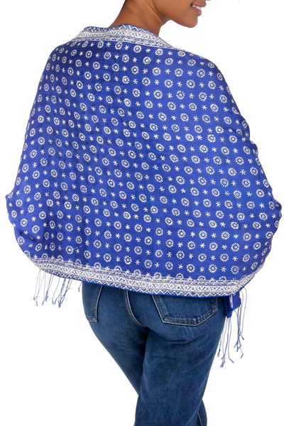 Silk batik scarf, 'Awakening' - Blue Silk Batik Scarf