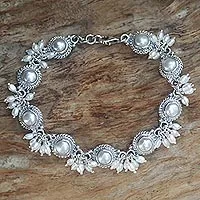 Pearl charm bracelet, 'Moons and Shooting Stars' - Sterling Silver Pearl Link Bracelet