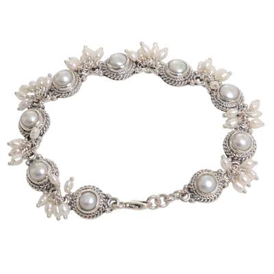 Pearl charm bracelet, 'Moons and Shooting Stars' - Sterling Silver Pearl Link Bracelet