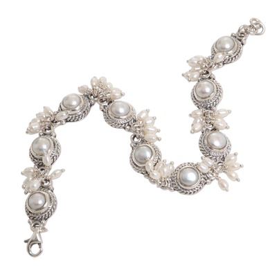 Pearl charm bracelet, 'Moons and Shooting Stars' - Sterling Silver Pearl Link Bracelet