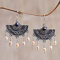 Pearl dangle earrings, 'Exotic Fans' - Pearl and Chandelier Sterling Silver Earrings from Bali