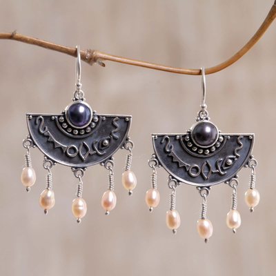 Pearl dangle earrings, 'Exotic Fans' - Sterling Silver Pearl Chandelier Earrings