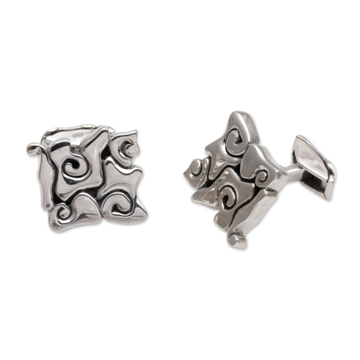 Sterling silver cufflinks, 'Bali Clouds' - Sterling silver cufflinks