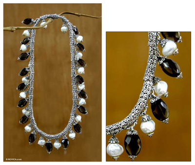 Pearl and smoky quartz necklace, 'Java Contrasts' - Pearl and smoky quartz necklace