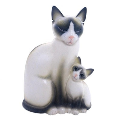 Wood sculpture, 'Mom Cat' - Wood sculpture