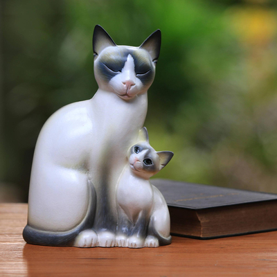 Wood sculpture, 'Mom Cat' - Wood sculpture