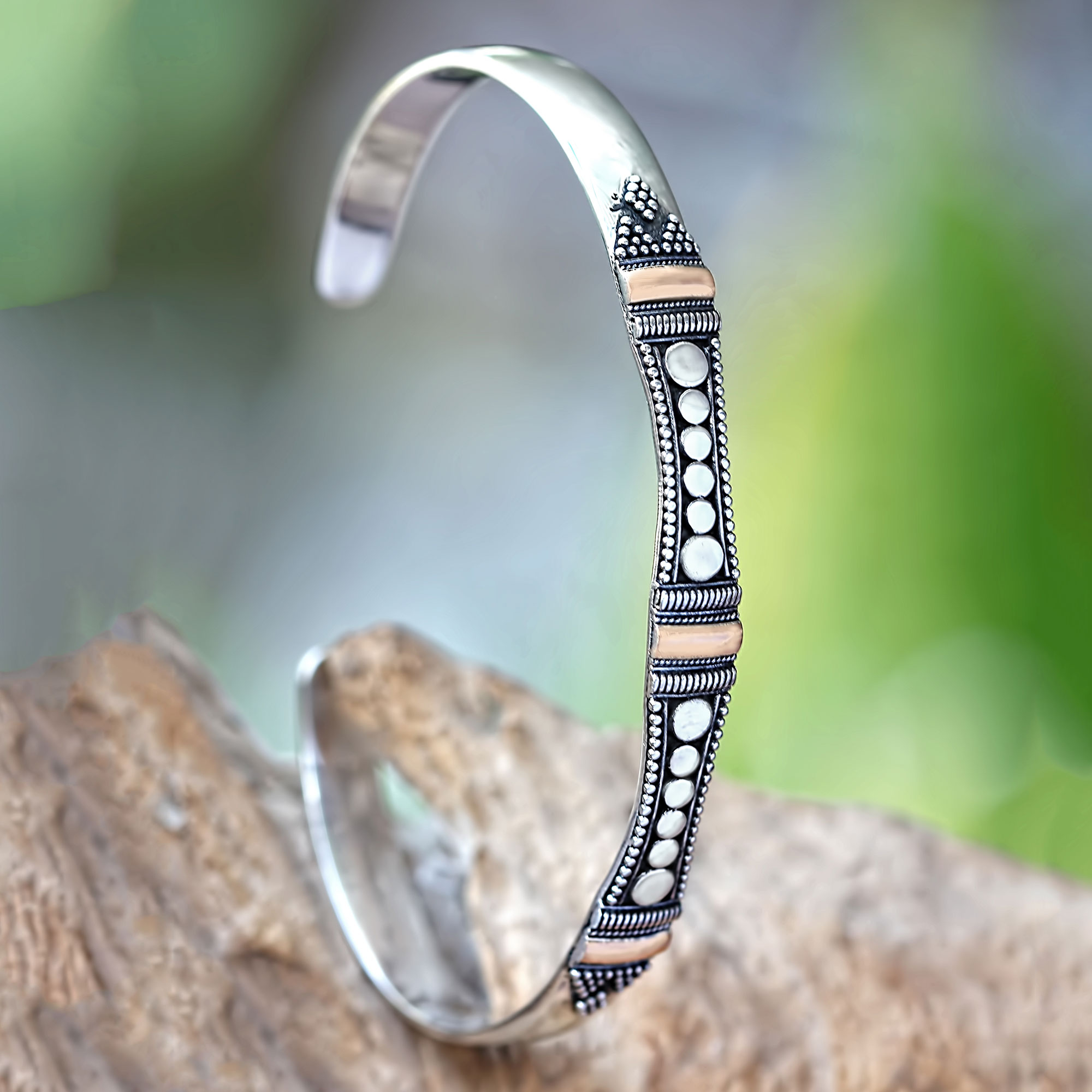 Silver Cuff Bracelet 925 Sterling 18k Gold Accents 'Spots and Dots' NOVICA Bali 
