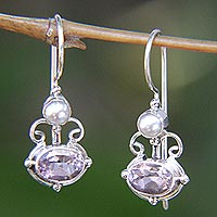Amethyst and pearl drop earrings, 'Sunrise Spirit' - Sterling Silver Amethyst Drop Earrings