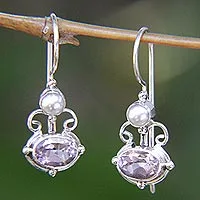 Pendientes colgantes de amatista y perlas, 'Sunrise Spirit' - Pendientes colgantes de amatista de plata de ley