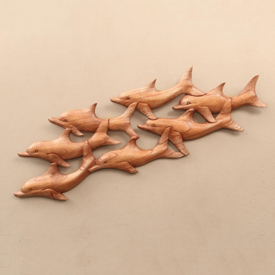 Wood wall panel, School of Dolphins