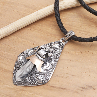 Silver pendant necklace, 'Bhoma Deity' - Hand Crafted Indonesian Silver and 18k Gold Necklace