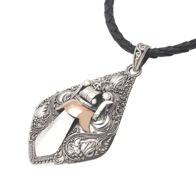 Silver pendant necklace, 'Bhoma Deity' - Hand Crafted Indonesian Silver and 18k Gold Necklace