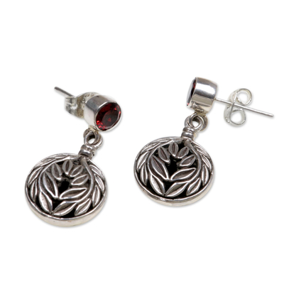 Garnet flower earrings, 'Silver Fern' - Garnet flower earrings