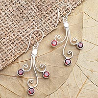 Garnet dangle earrings, 'Pomegranate Trio' - Sterling Silver Garnet Dangle Earrings