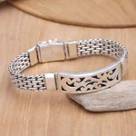 Men's sterling silver pendant bracelet, 'Balinese Hero' - Handmade Men's Sterling Silver Link Bracelet