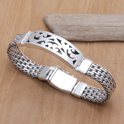 Men's sterling silver pendant bracelet, 'Balinese Hero' - Handmade Men's Sterling Silver Link Bracelet