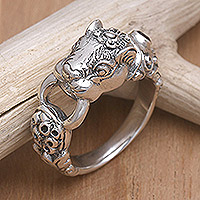 Garnet men's ring, 'Silver Tiger'