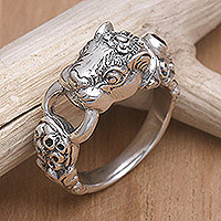 Garnet men's ring, 'Silver Tiger' - Men's Artisan Crafted Sterling Silver Ring