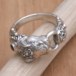 Garnet men's ring, 'Silver Tiger' - Men's Artisan Crafted Sterling Silver Ring