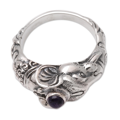 Men's amethyst ring, 'Balinese Elephant' - Men's Sterling Silver and Amethyst Ring