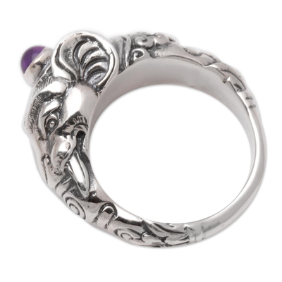 Men's amethyst ring, 'Balinese Elephant' - Men's Sterling Silver and Amethyst Ring