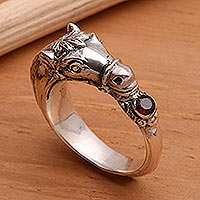 Men's garnet ring, 'Spirited Horse'