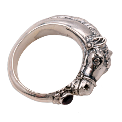 Men's garnet ring, 'Spirited Horse' - Men's Garnet And Sterling Silver Ring