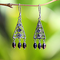 Pearl and rainbow moonstone dangle earrings, 'Mountain Top'