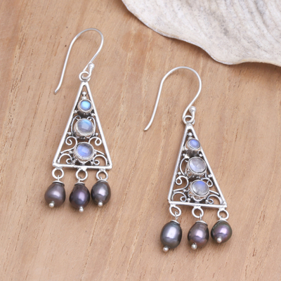 Ohrhänger aus Perlen und Regenbogenmondsteinen - Ohrringe aus Sterlingsilber mit Perle und Regenbogenmondstein