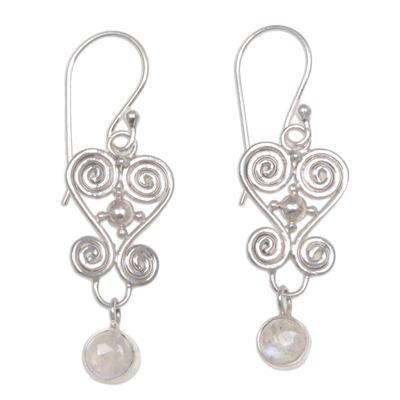 Rainbow moonstone dangle earrings, 'Sweethearts' - Heart Shaped Rainbow Moonstone Sterling Silver Earrings