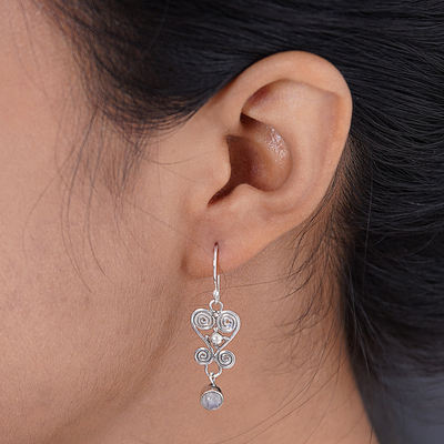 Rainbow moonstone dangle earrings, 'Sweethearts' - Heart Shaped Rainbow Moonstone Sterling Silver Earrings
