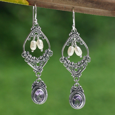 Amethyst and pearl flower earrings, 'Empress' - Amethyst and pearl flower earrings