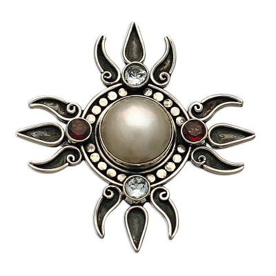 Pearl and topaz brooch pin pendant, 'Four Winds' - Pearl and topaz brooch pin pendant