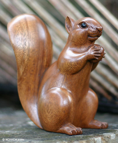 Wood sculpture, 'Squirrel with an Acorn' - Artisan Crafted Wood Sculpture
