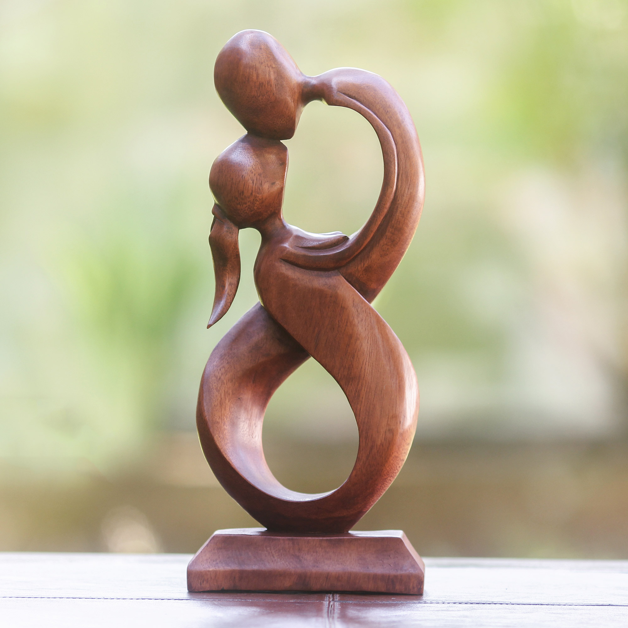 NOVICA Hand Carved Brown Romantic Love Natural Wood Grain Sculpture 11.5 Tall 'So in Love'
