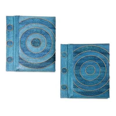 Natural fiber notebooks, 'Hypnotic Blue' (pair) - Handmade Natural Fiber Journals (Pair)